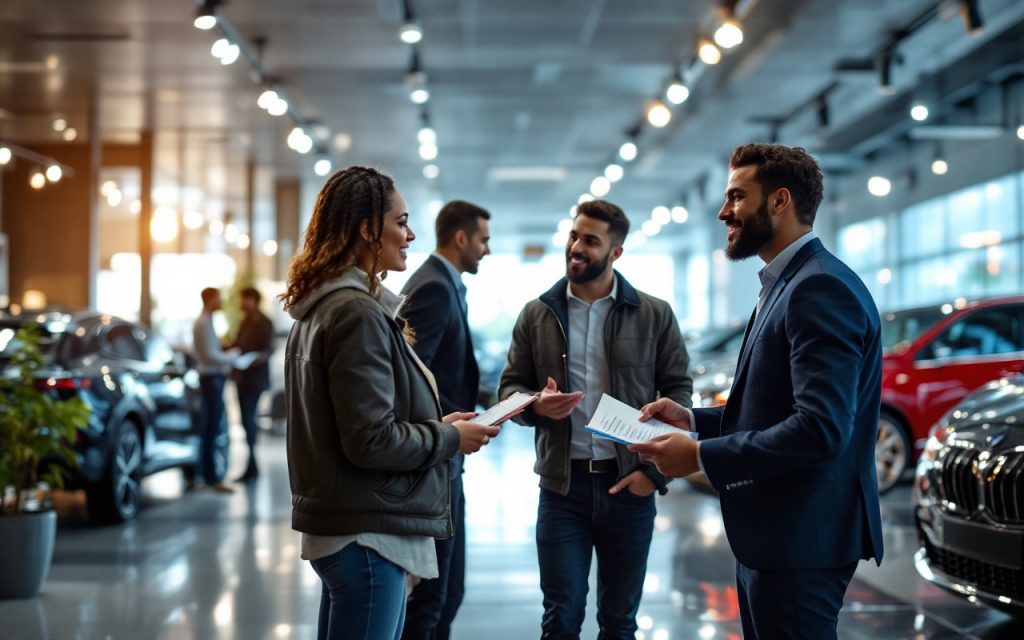 image-dun-concessionnaire-automobile-ou-des-clients-discutent-des-affaires-avec-des-representants-commerciaux-entoures-de-voitures-modernes-dans-un-environnement-accueillant
