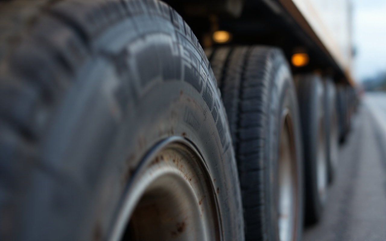 Gros plan sur des pneus de remorque, mettant en avant la texture et la profondeur du caoutchouc, avec un arrière-plan flou représentant un paysage routier.