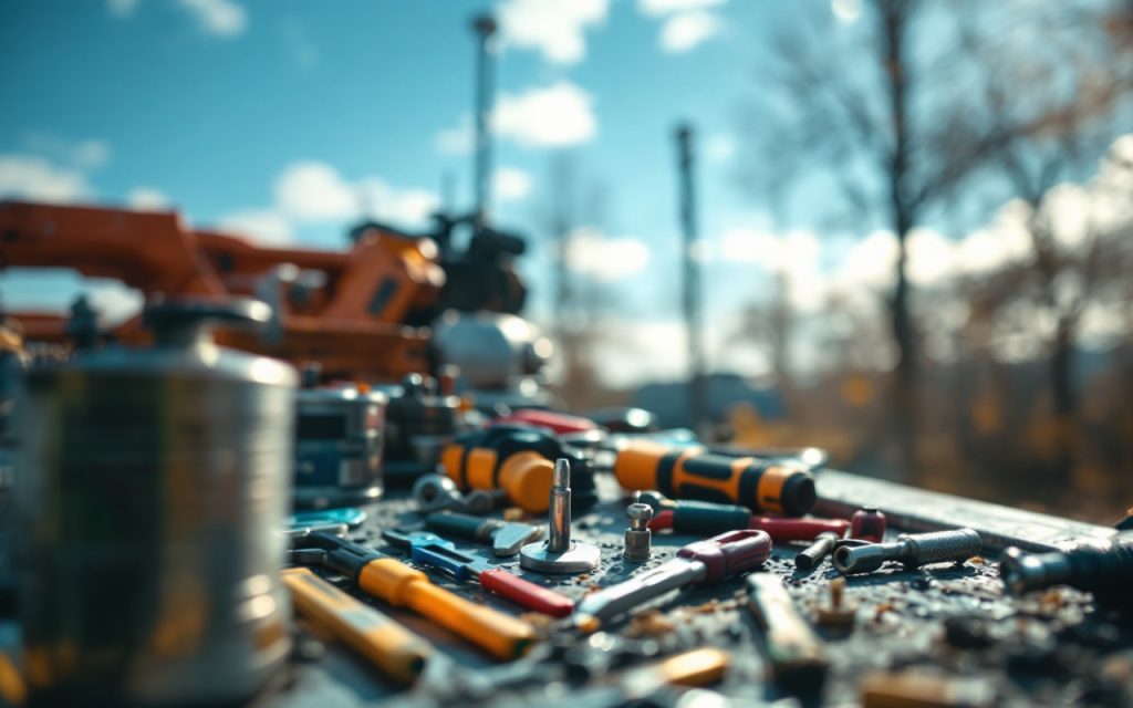Un mécanicien inspectant une remorque avec divers outils sous un soleil lumineux, mettant en valeur l'attention aux détails et l'environnement de travail.