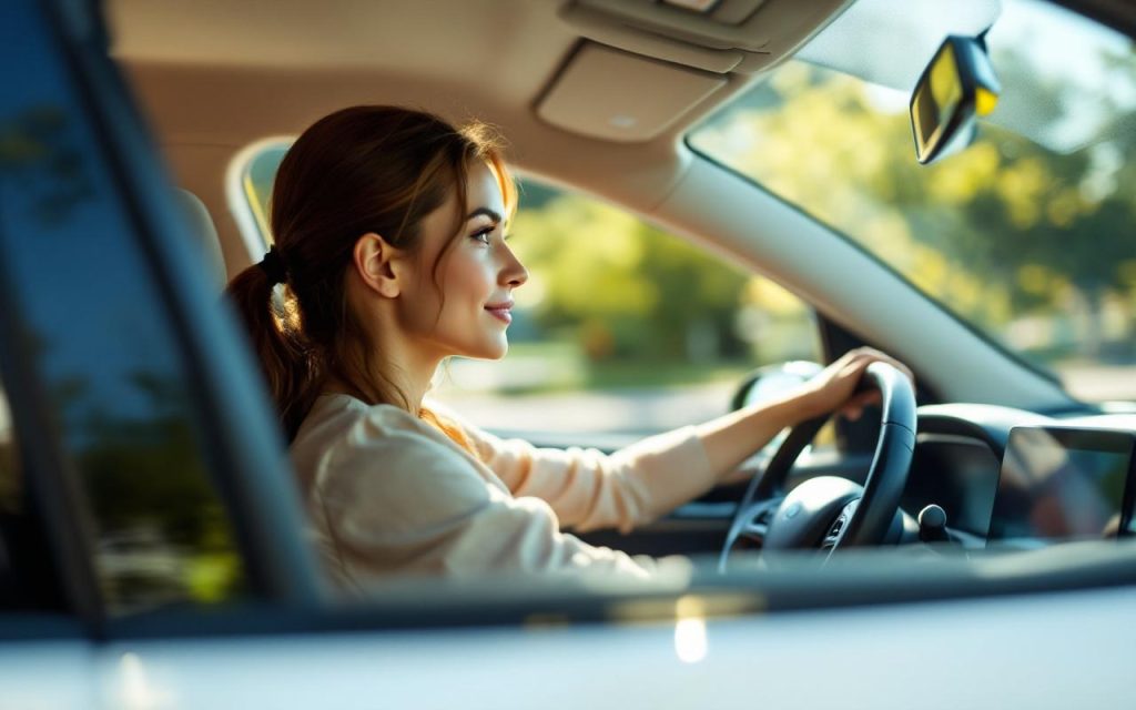 Une assistante de conduite écologique aidant un conducteur avec des conseils, mettant en évidence une interaction attentive dans un environnement automobile confortable, avec des lumières douces et des couleurs apaisantes.