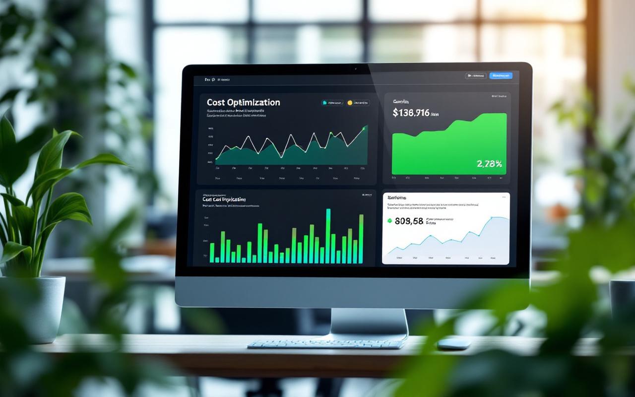 Image d'un tableau de bord numérique montrant l'optimisation des coûts, avec des graphiques et des métriques dans un environnement de bureau moderne, éclairage subtil et couleurs vives.