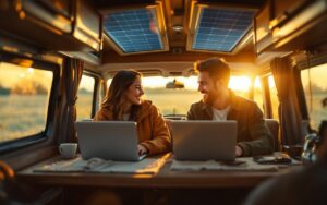 Couple concentré travaillant sur des ordinateurs portables à l'intérieur d'un camping-car, panneaux solaires visibles sur le toit, lumière douce de coucher de soleil filtrant par les fenêtres, intérieur en bois cosy aux tons chauds.