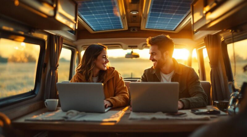 Couple concentré travaillant sur des ordinateurs portables à l'intérieur d'un camping-car, panneaux solaires visibles sur le toit, lumière douce de coucher de soleil filtrant par les fenêtres, intérieur en bois cosy aux tons chauds.