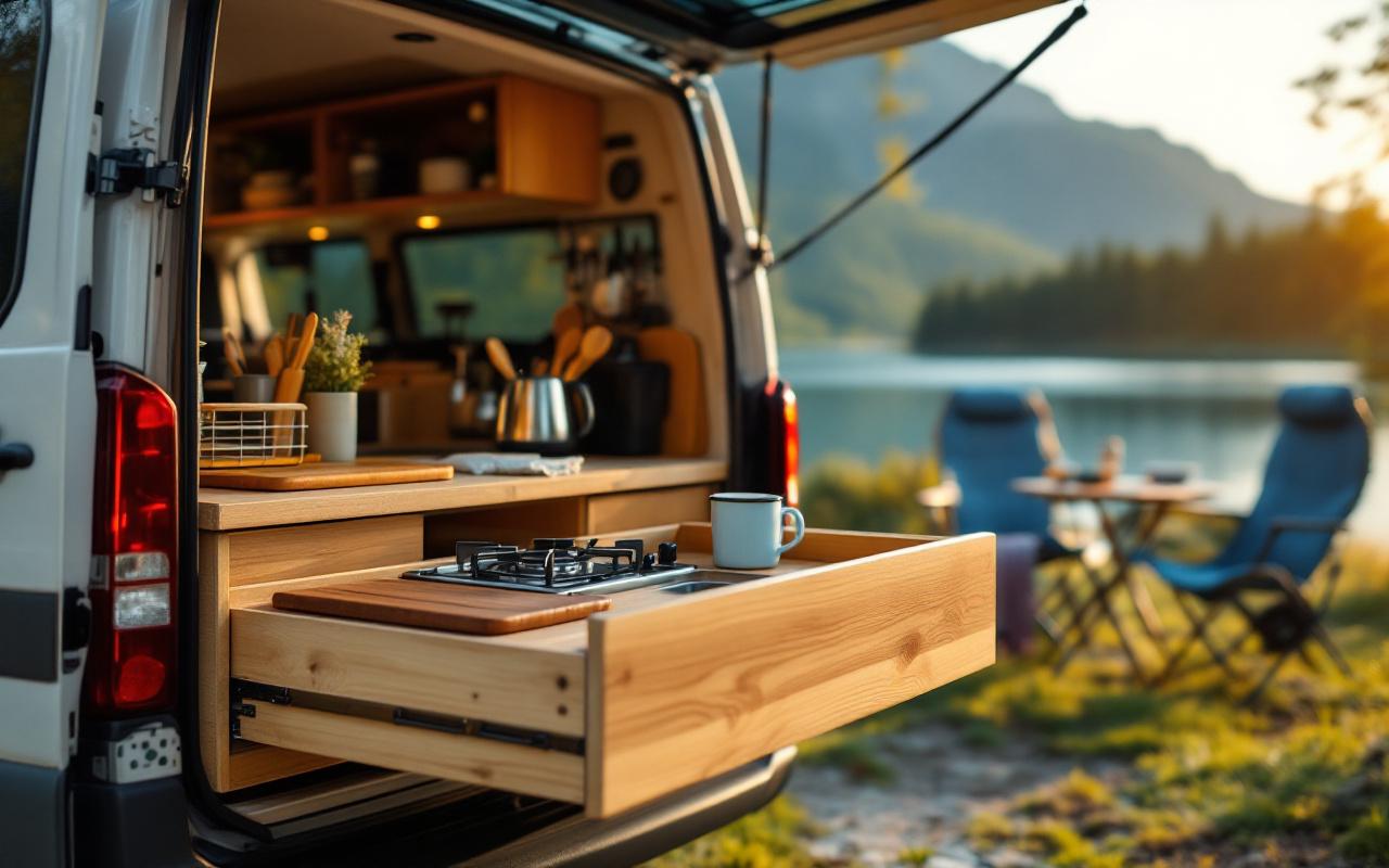 Tiroir de cuisine d'un van compact ouvert à l'arrière, montrant un évier en inox, un petit réchaud, vaisselle et planche à découper; installation extérieure au bord d'un lac avec table pliante, chaises et lumière dorée du coucher de soleil.