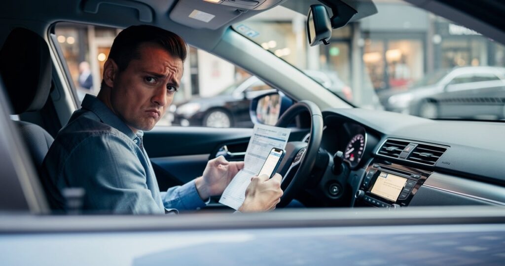 Conducteur malussé comparant des devis d'assurance auto dans son véhicule