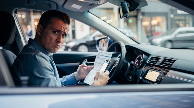 Conducteur malussé comparant des devis d'assurance auto dans son véhicule