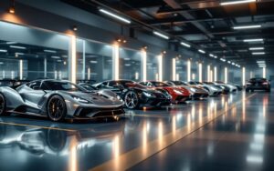 Garage automobile haut de gamme avec plusieurs supercars alignées, éclairage LED soigné et ambiance premium, sol brillant et architecture moderne.