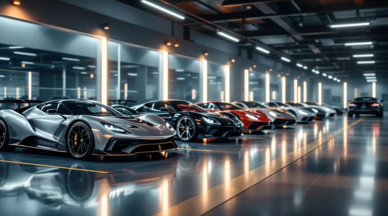 Garage automobile haut de gamme avec plusieurs supercars alignées, éclairage LED soigné et ambiance premium, sol brillant et architecture moderne.