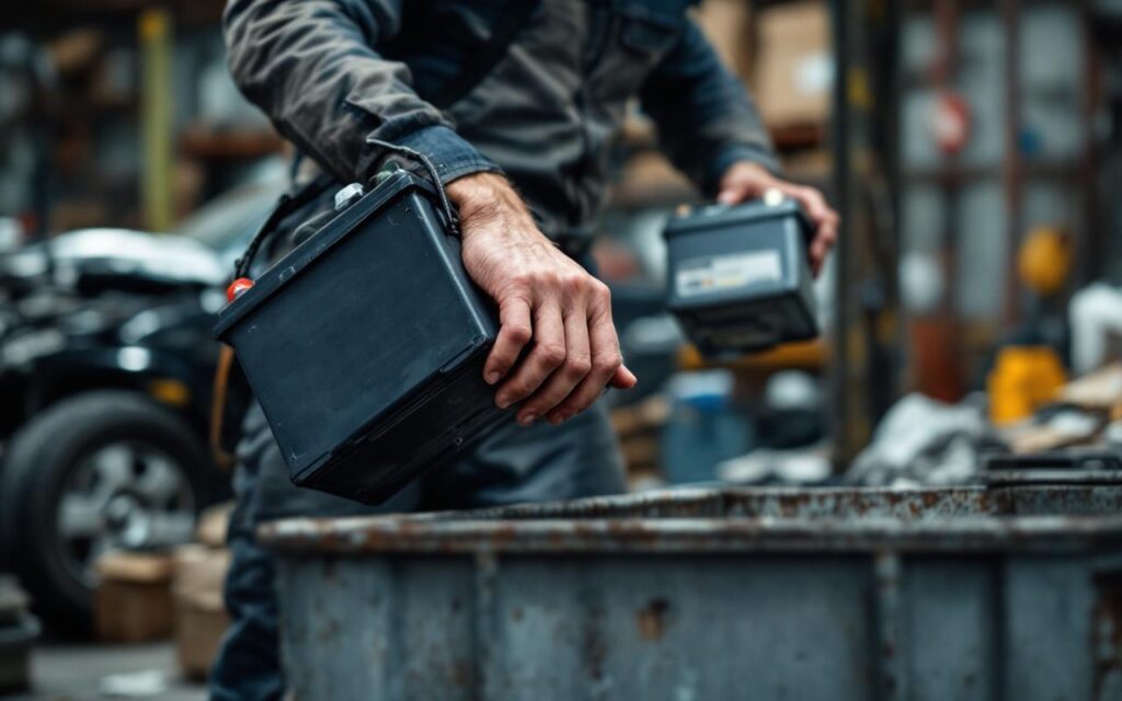 Un homme dans un atelier automobile dépose une batterie de voiture usagée dans une benne de recyclage en ferraille, sous une lumière douce et industrielle.