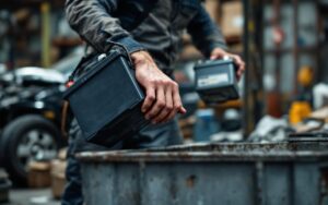Un homme dans un atelier automobile dépose une batterie de voiture usagée dans une benne de recyclage en ferraille, sous une lumière douce et industrielle.