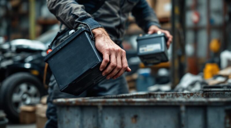Un homme dans un atelier automobile dépose une batterie de voiture usagée dans une benne de recyclage en ferraille, sous une lumière douce et industrielle.