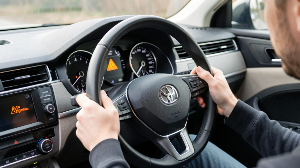 Tableau de bord réaliste d’une voiture moderne, voyant d’injection allumé, conducteur attentif dans l’habitacle, ambiance technique et éclairage naturel.