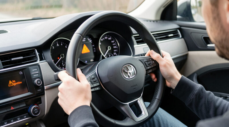 Tableau de bord réaliste d’une voiture moderne, voyant d’injection allumé, conducteur attentif dans l’habitacle, ambiance technique et éclairage naturel.
