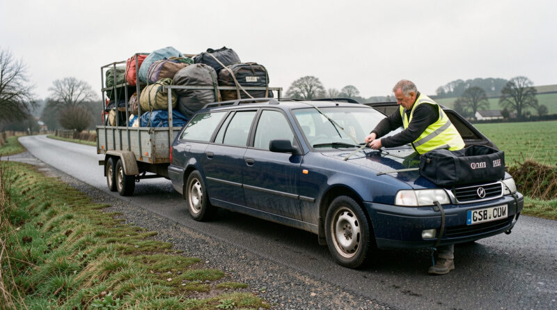 Un homme vérifie les sangles d’une remorque chargée attelée à une voiture sur une route de campagne.
