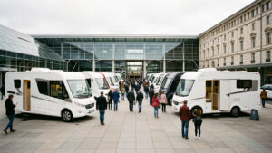 Vue réaliste de l’entrée d’un grand parc des expositions parisien lors d’un salon de véhicules de loisirs, avec des visiteurs et des camping-cars modernes.