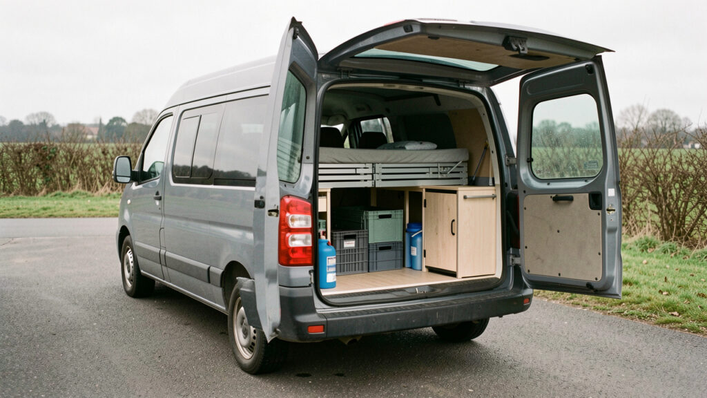 Fourgon utilitaire gris stationné en extérieur, portes arrière ouvertes, laissant voir un lit pliant, des caisses de rangement et un bloc cuisine amovible.