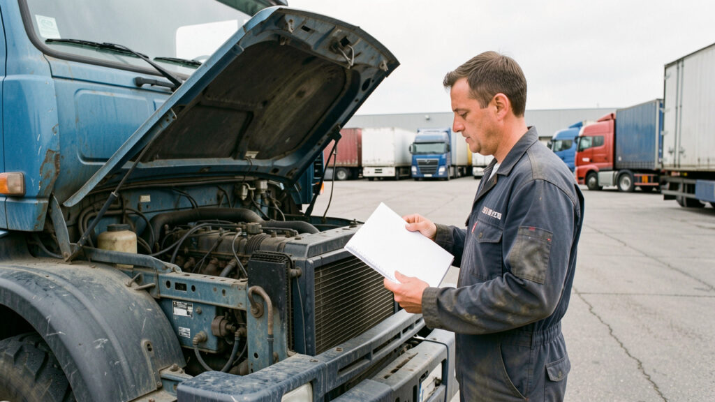 Tracteur routier européen d’occasion stationné sur une aire logistique, inspecté par un technicien avec un carnet d’entretien vierge.