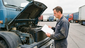 Tracteur routier européen d’occasion stationné sur une aire logistique, inspecté par un technicien avec un carnet d’entretien vierge.
