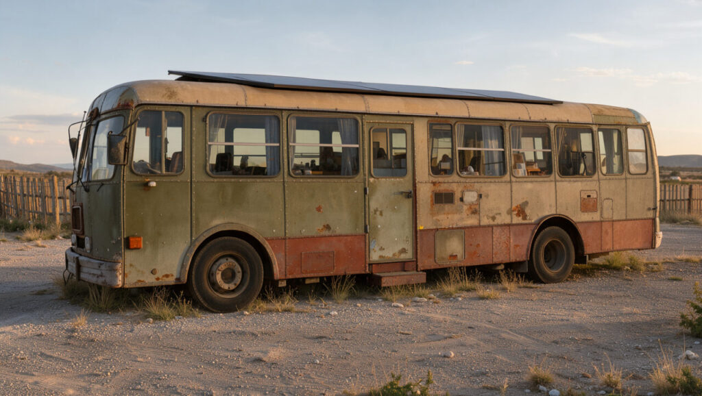 Vue extérieure réaliste d’un ancien autocar transformé en logement autonome, stationné sur une aire de gravier avec des panneaux solaires discrets sur le toit.