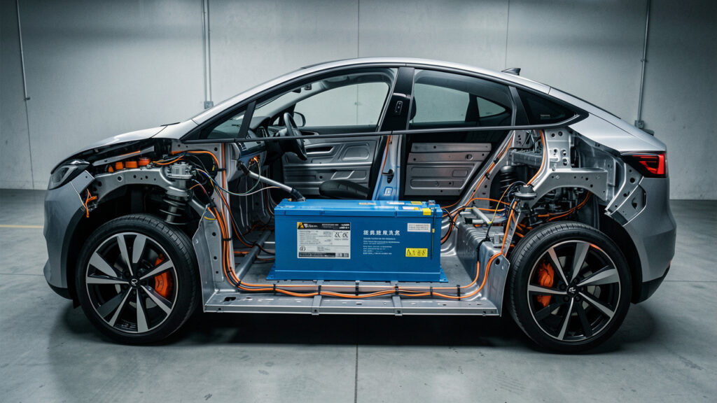 Vue en coupe réaliste d’une voiture électrique européenne montrant un pack de batterie LFP fabriqué en Chine sous le plancher, avec les éléments mécaniques et le câblage visibles.