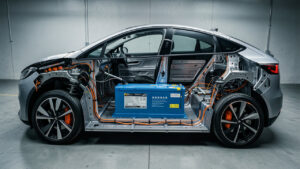 Vue en coupe réaliste d’une voiture électrique européenne montrant un pack de batterie LFP fabriqué en Chine sous le plancher, avec les éléments mécaniques et le câblage visibles.